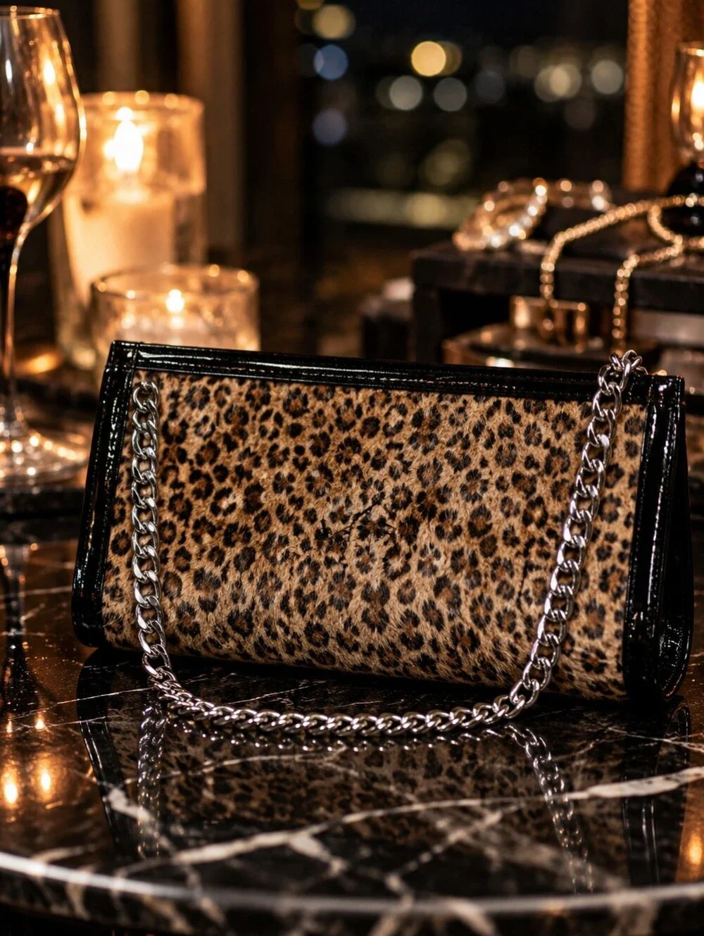 Vintage 90s Leopard Faux Fur Shoulder Bag Y2K Chain Strap Clutch